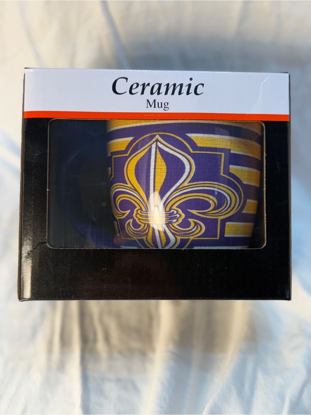 NIB Lancaster Large Ceramic Mug LSU Purple & Gold Decorative Fleur De Lis Design